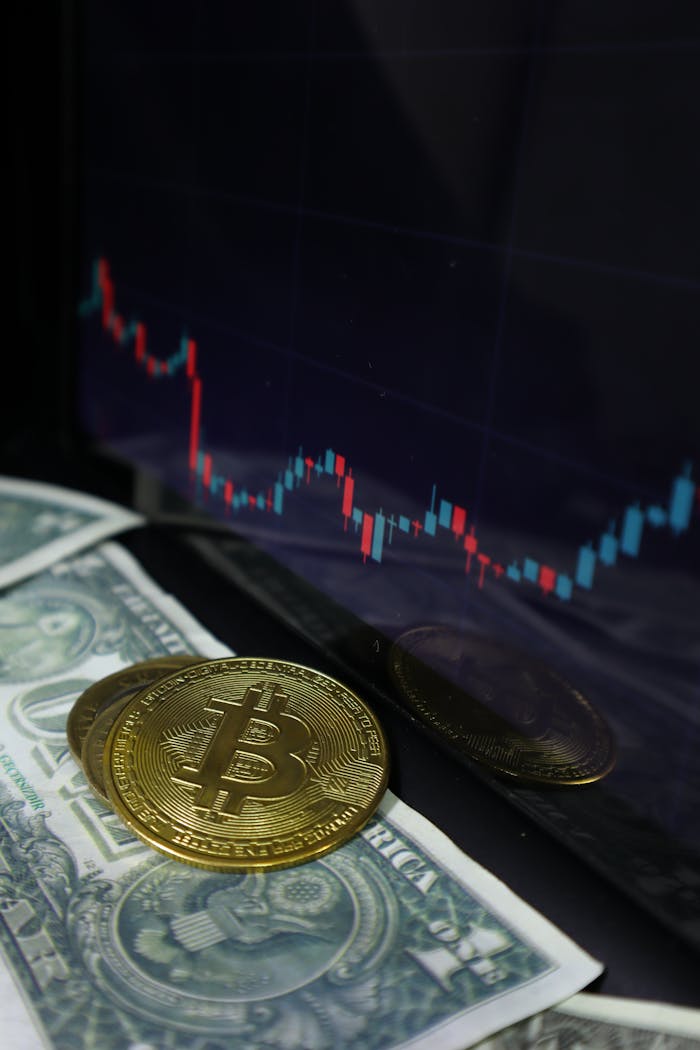 services-02 A close-up of Bitcoin coins with dollar bills and a stock market chart in the background.