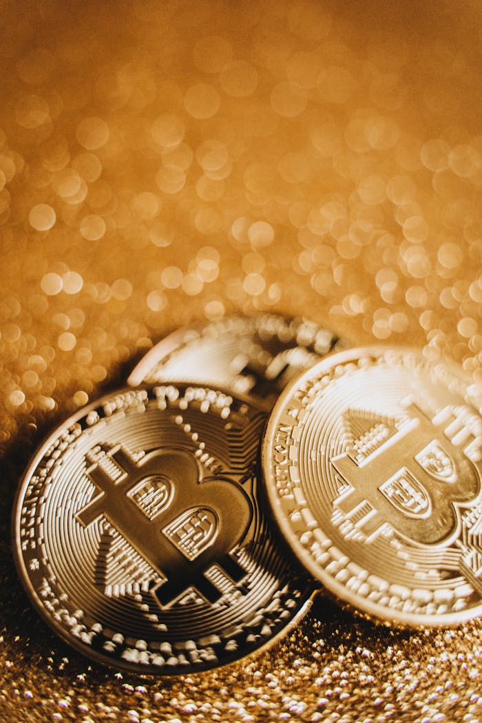 A close-up of Bitcoin coins on a shimmering gold background, symbolizing digital currency.